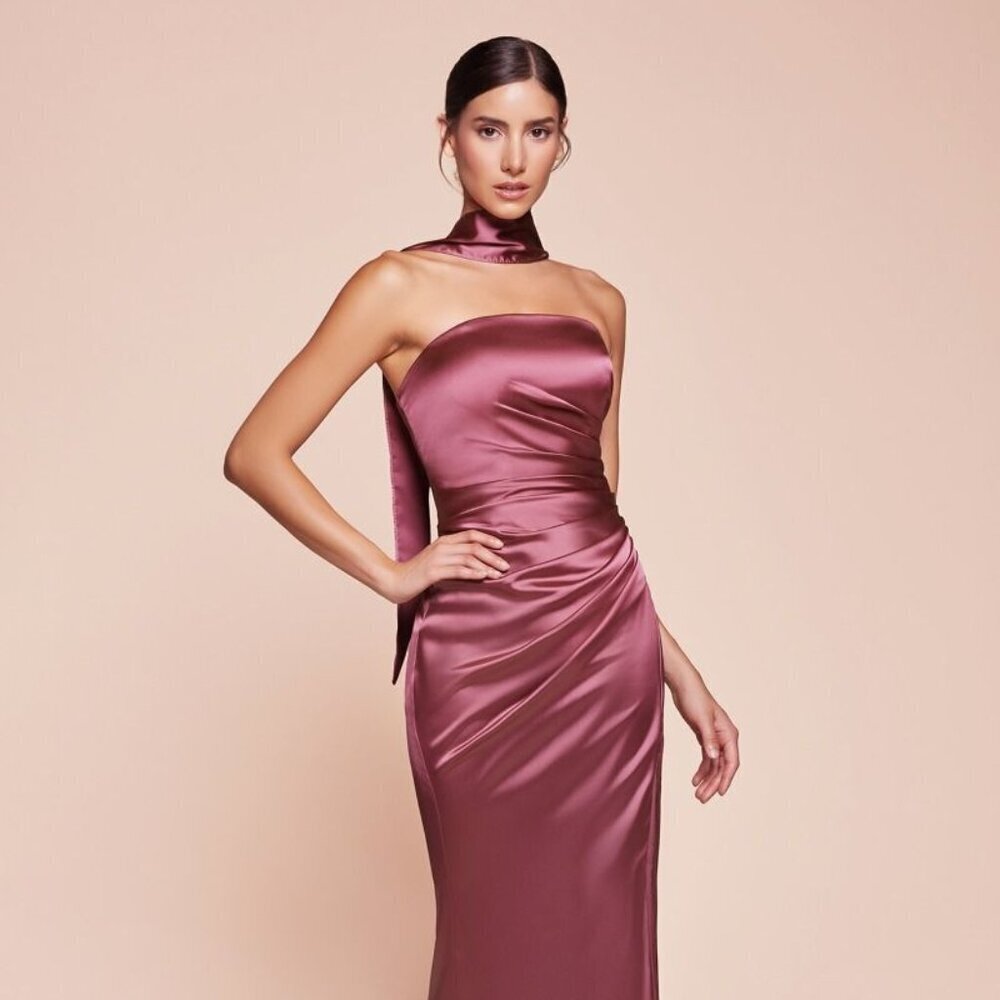 New Formal Strapless Sheath Satin Dress W/ Straight Across Neck & Sash 7451 View 3